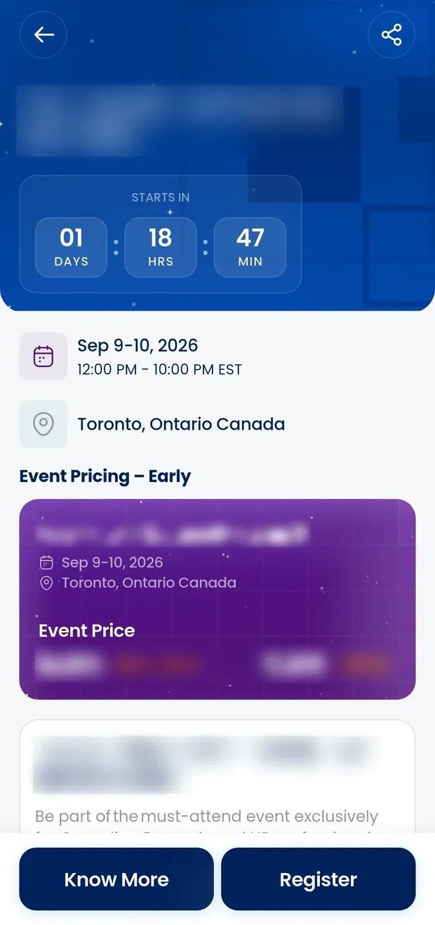 An event detail screen for the WorldatWork Canada Summit, with a countdown, dates and location, and a pricing card showing the same event at a non-member price and a member price