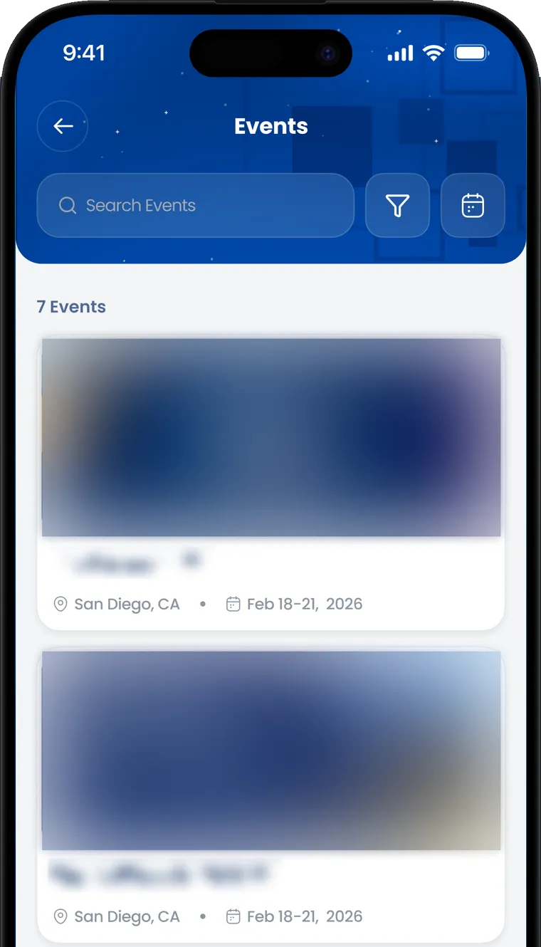 The events tab of the app, listing conferences with their dates and locations