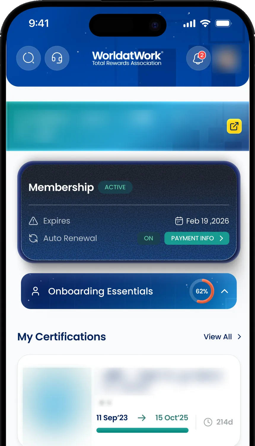 The home tab of the app, showing membership status, onboarding progress and an earned certification