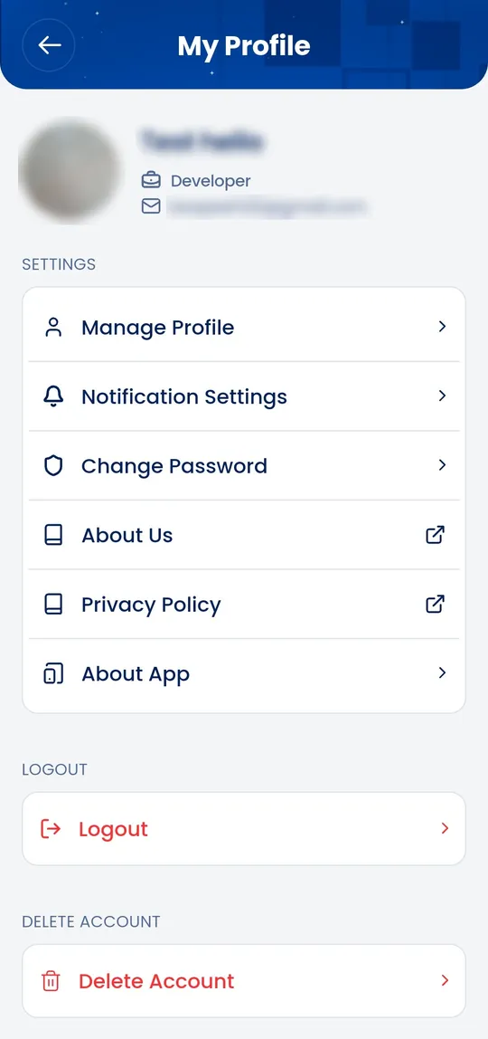 The profile screen, with options to manage the profile, change notification settings and password, and delete the account