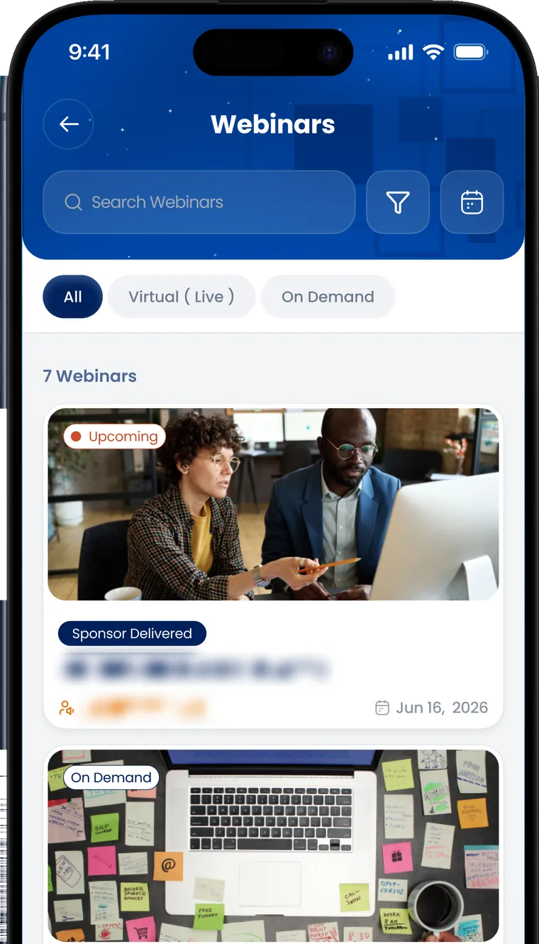 The webinars tab of the app, with live and on-demand filters above a list of sessions