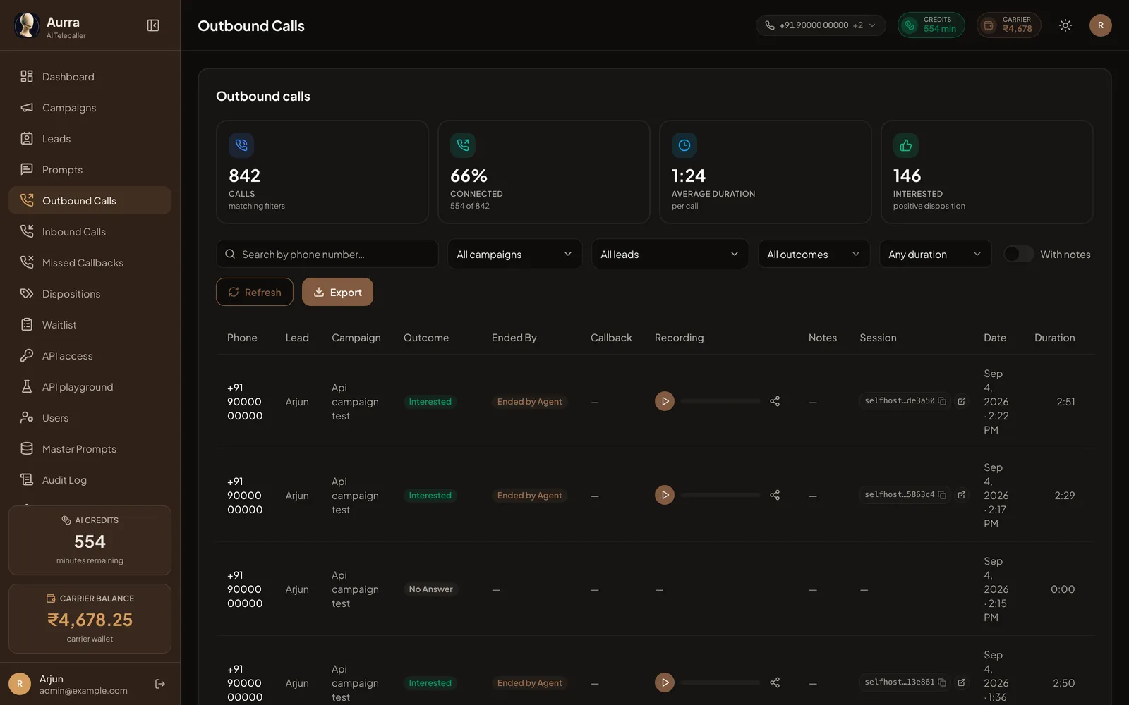 The outbound calls screen, listing calls with phone number, campaign, outcome, an inline recording player, and duration