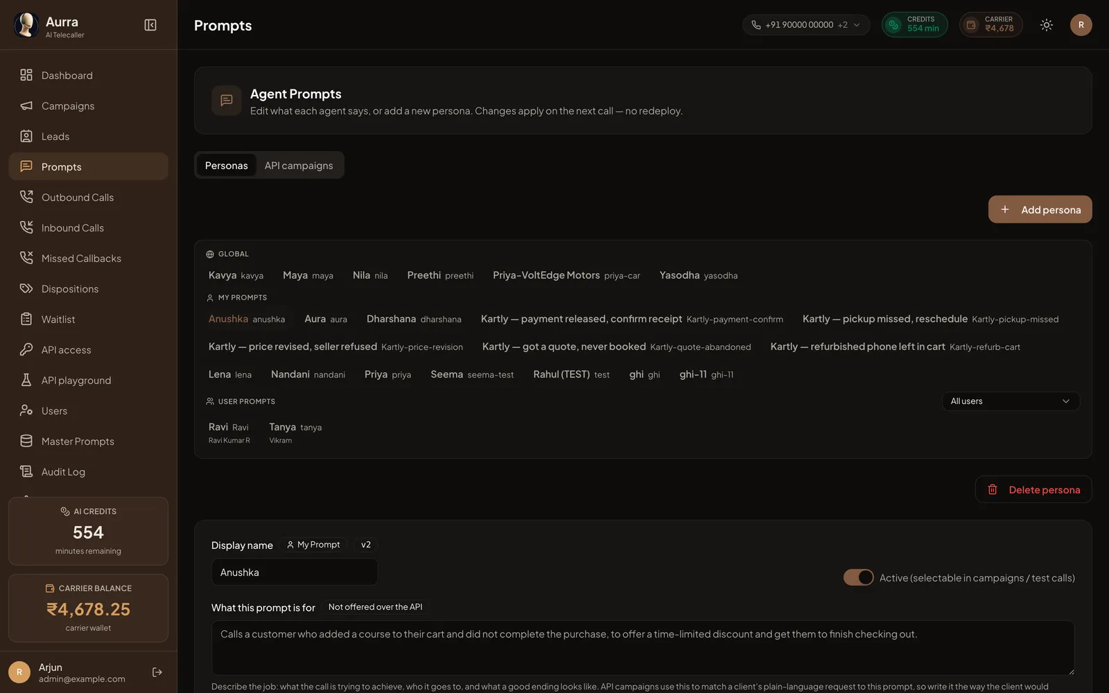 The prompts screen, showing agent personas grouped as global, account and user prompts, with a prompt editor and a version marker