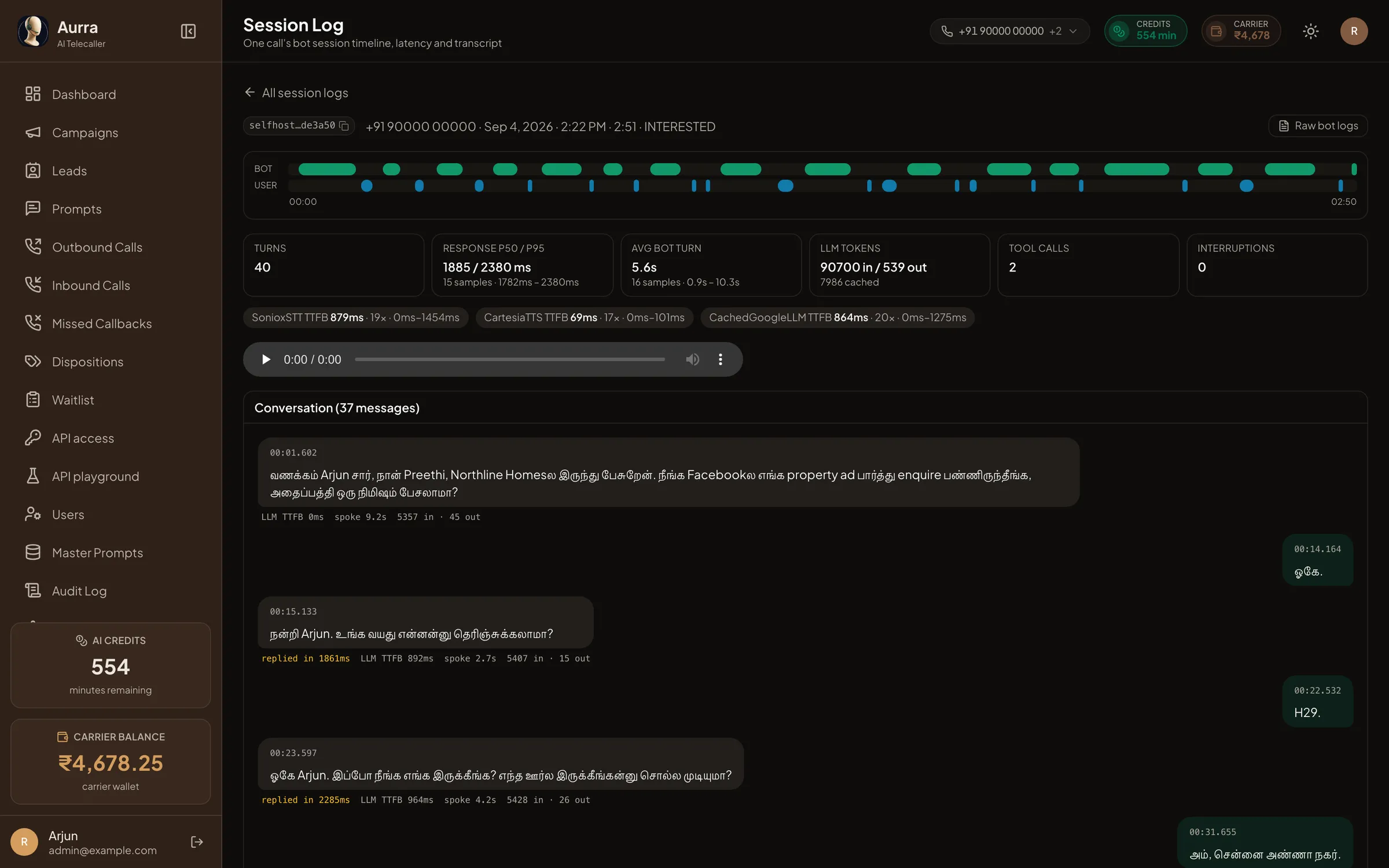 A session log for one call, showing the speaking timeline, 40 turns, response time percentiles and a bilingual transcript